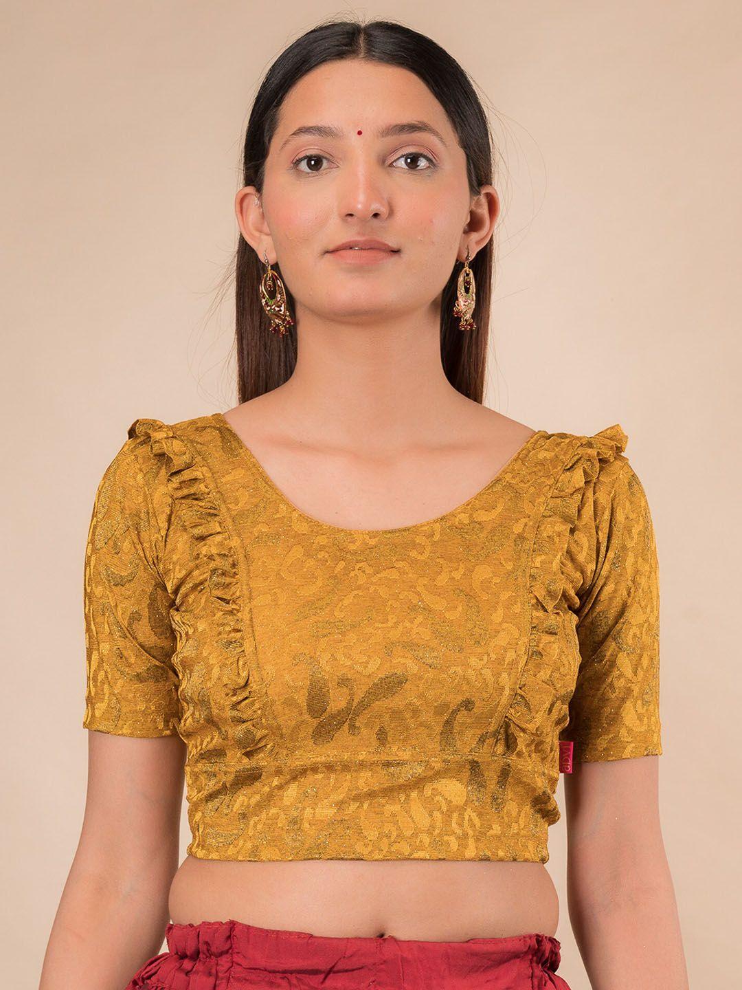 bindigasm's advi woven design ruffles detailed stretchable jacquard saree blouse