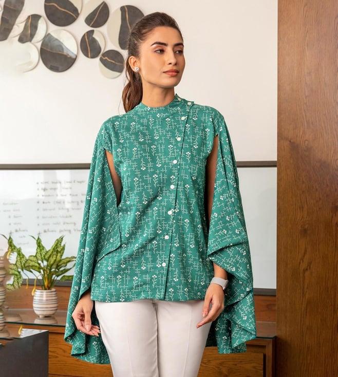 binfinite teal green printed cape styled shirt