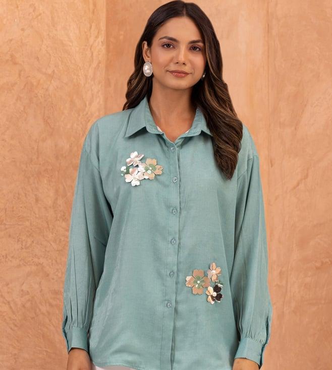 binfinite teal ivory embellished shirt