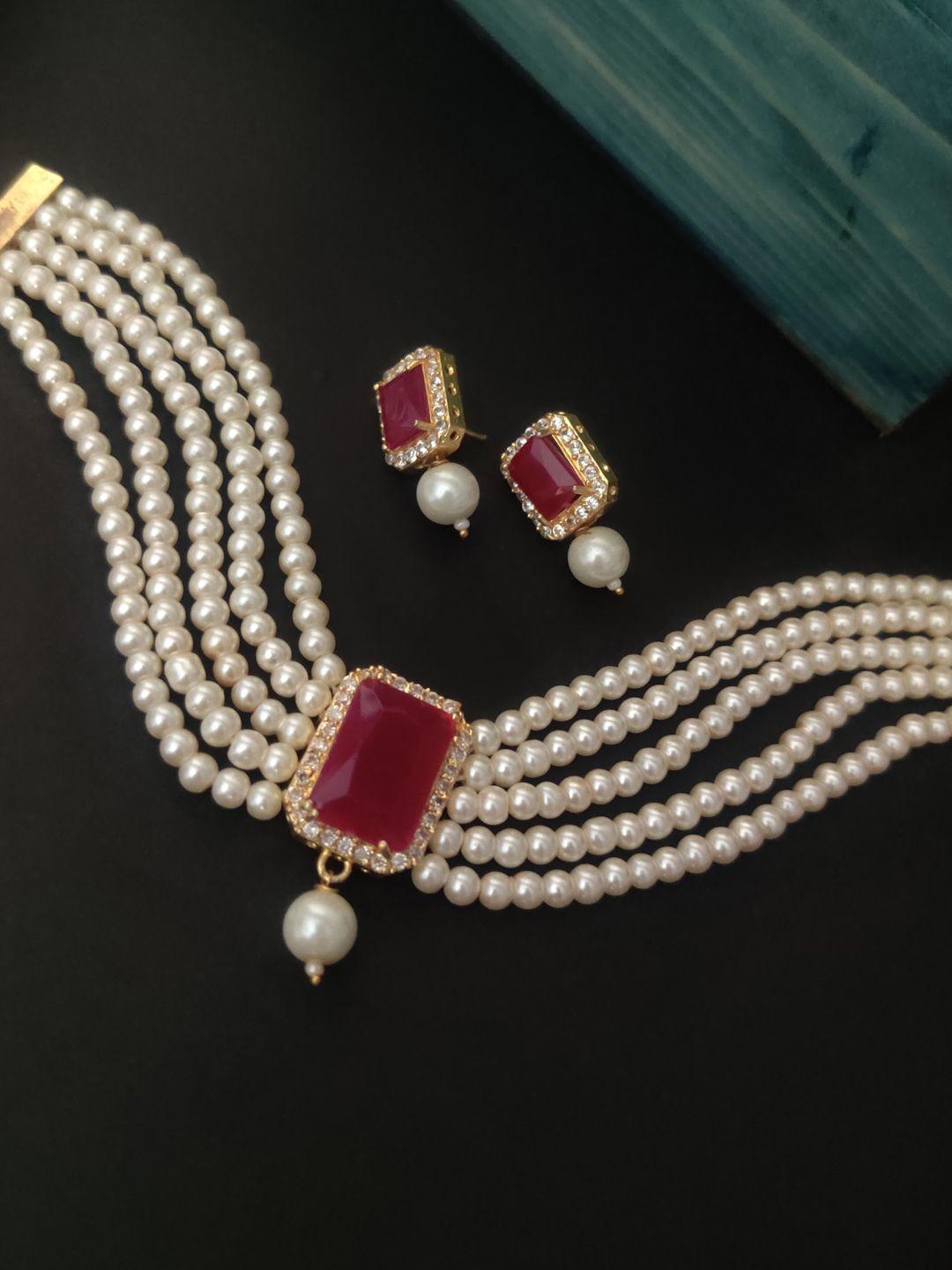 binnis wardrobe gold-plated pink & white beaded & stone studded jewellery set