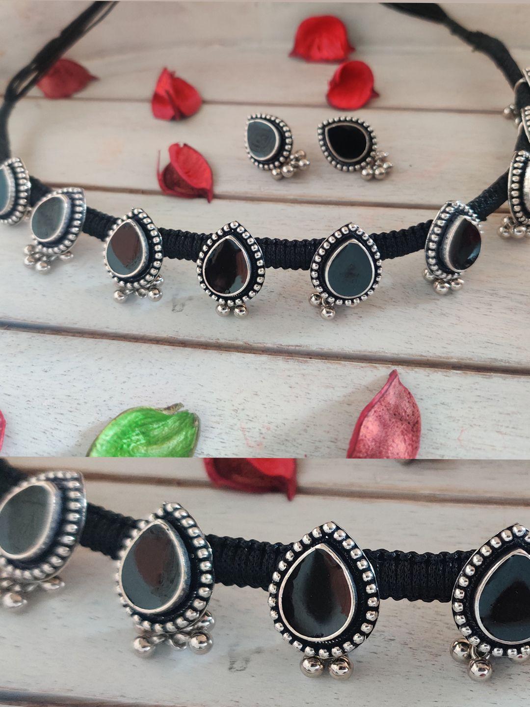 binnis wardrobe silver-plated black stone-studded thread & polki oxidized jewellery set