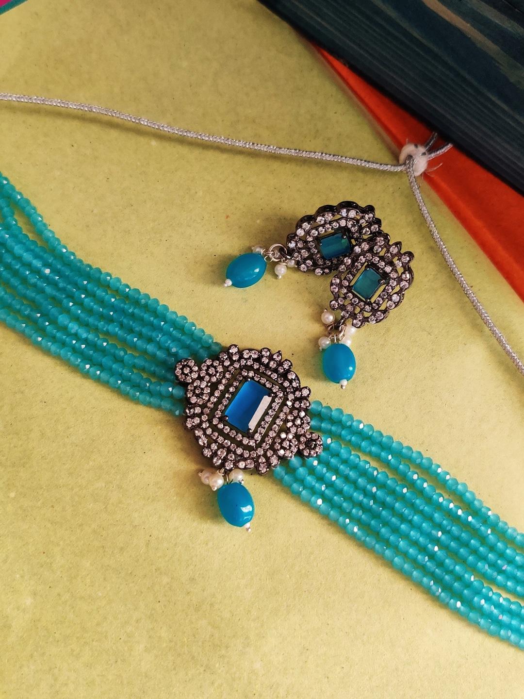 binnis wardrobe women silver plated blue stone-studded and pearl-beaded choker jewellery set