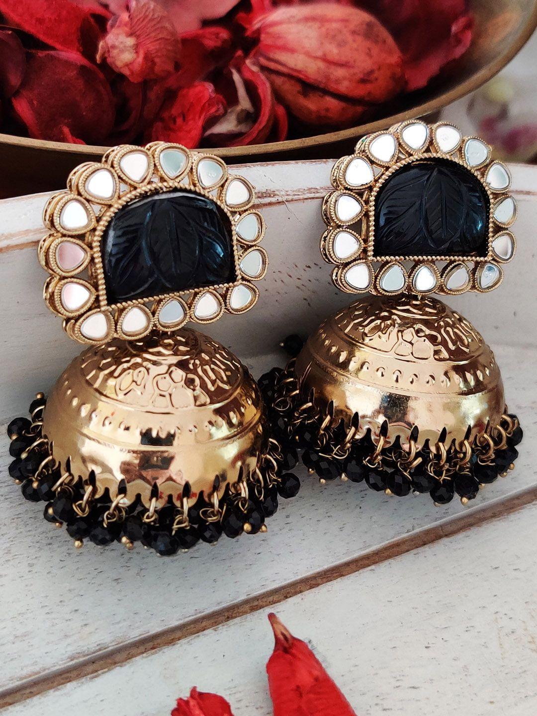 binnis wardrobe black & gold-plated kundan dome shaped jhumkas earrings