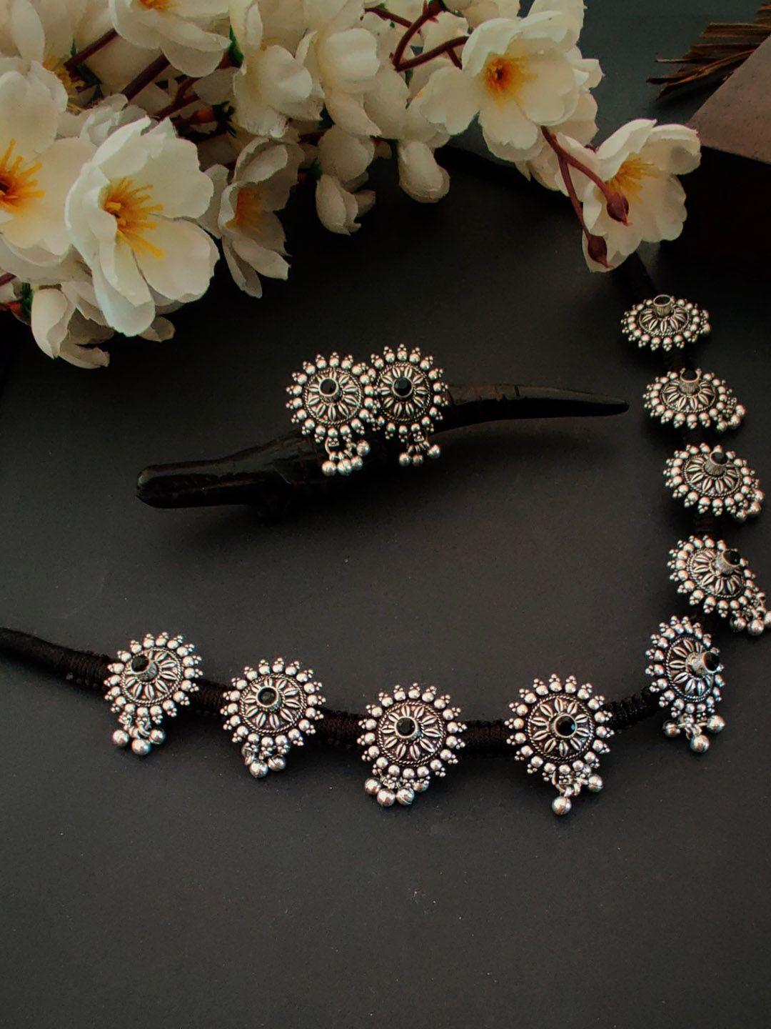 binnis wardrobe oxidized black silver-plated sunflower stone jewellery set