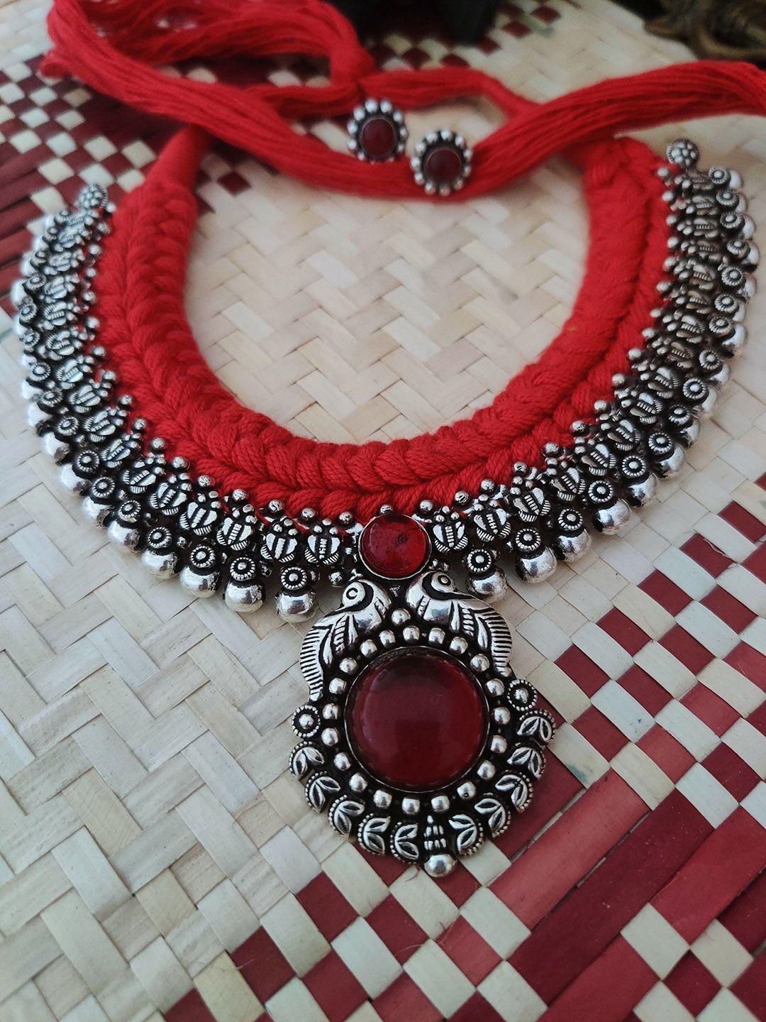 binnis wardrobe silver-plated & red oxidised jewellery set
