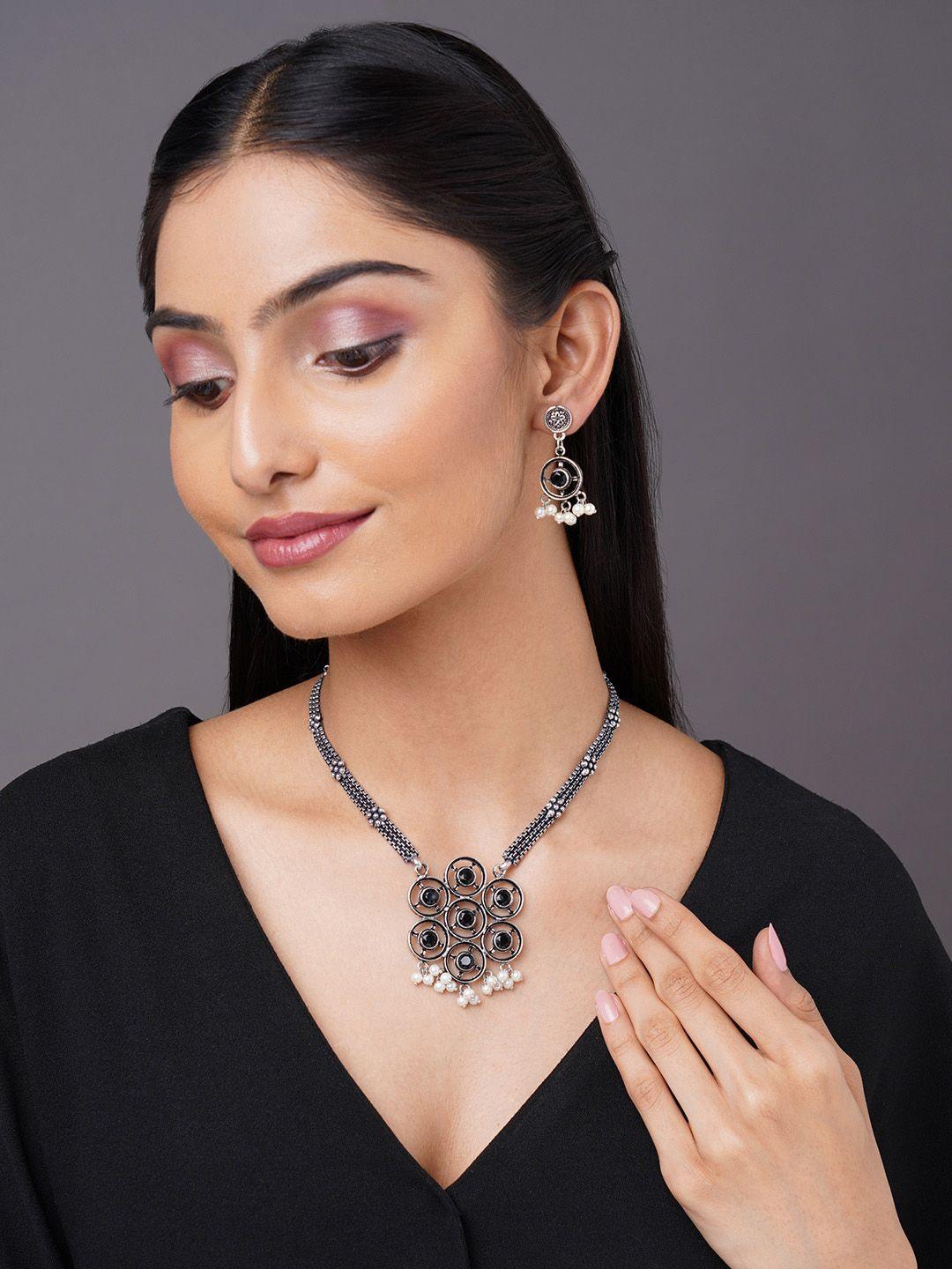 binnis wardrobe silver-plated black stone-studded jewellery set