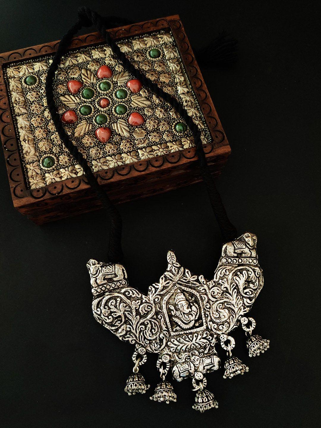 binnis wardrobe silver-plated oxidised jhumka necklace