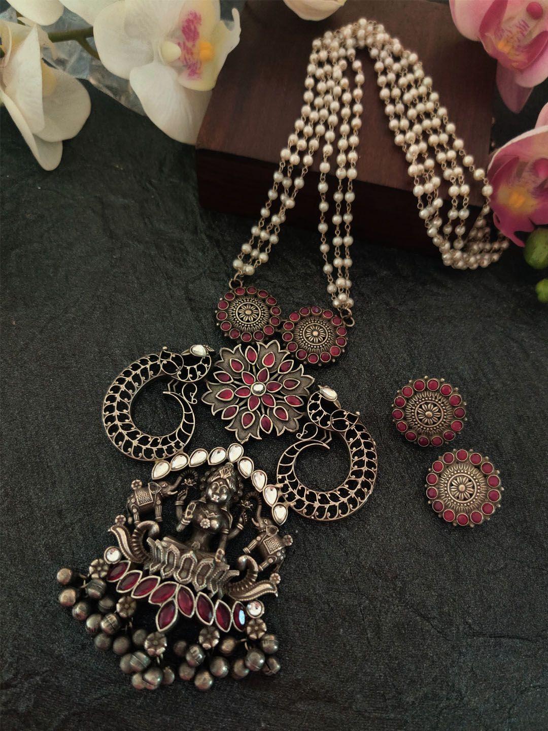 binnis wardrobe silver-toned & maroon german silver oxidised antique temple jewellery set