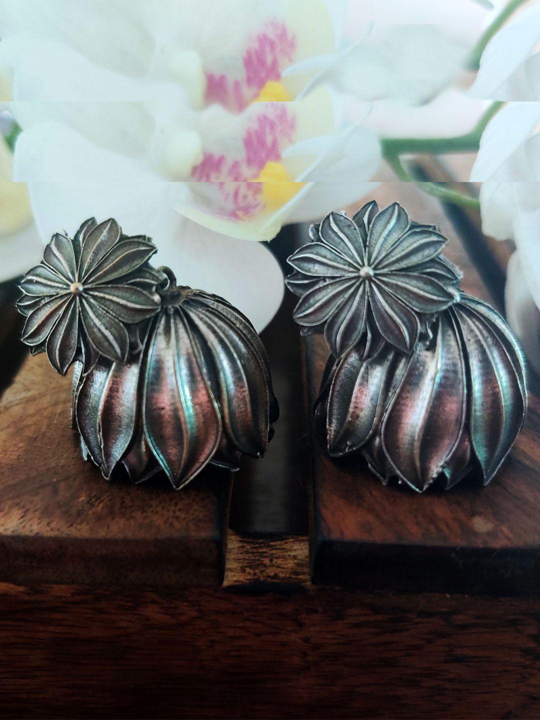 binnis wardrobe silver-toned floral jhumkas earrings