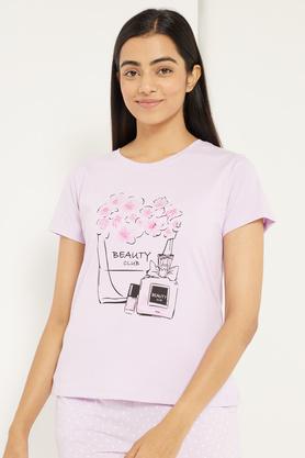 bio-wash printed cotton women's t-shirt - lavender