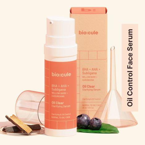 biocule oil clear clarifying face serum, aha, bha & subligana from fruit mix, willow bark & harungana, for oil control, pore tightening & even skin, face serum for normal to oily skin