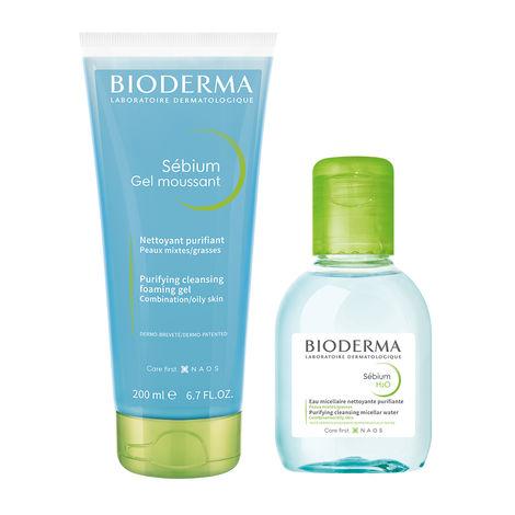 bioderma sebium combo - purifying cleansing foaming gel, 200ml + h2o purifying micellar cleansing water for oily and acne prone skin, 100ml
