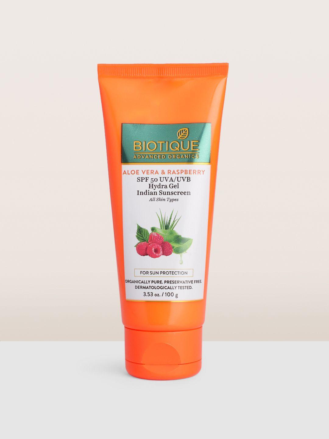 biotique aloevera & raspberry spf50 hydra gel indian sunscreen - 100 g