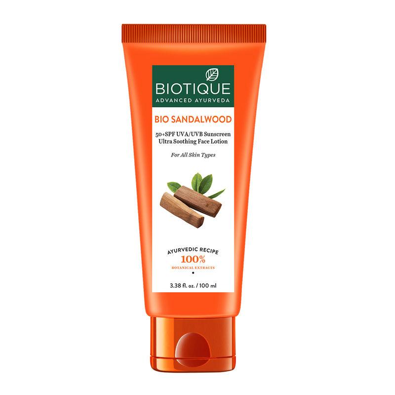 biotique bio sandalwood 50+ spf sunscreen ultra soothing face lotion