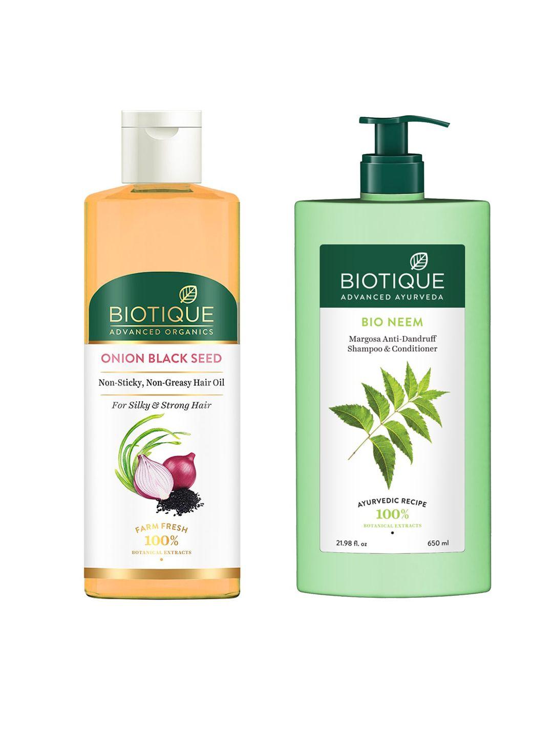 biotique set of anti-dandruff shampoo & conditioner & onion black seed non-sticky hair oil