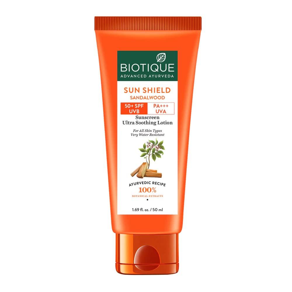biotique sun shield sandalwood 50+spf uvb sunscreen ultra protective face lotion for all skin types, 50ml