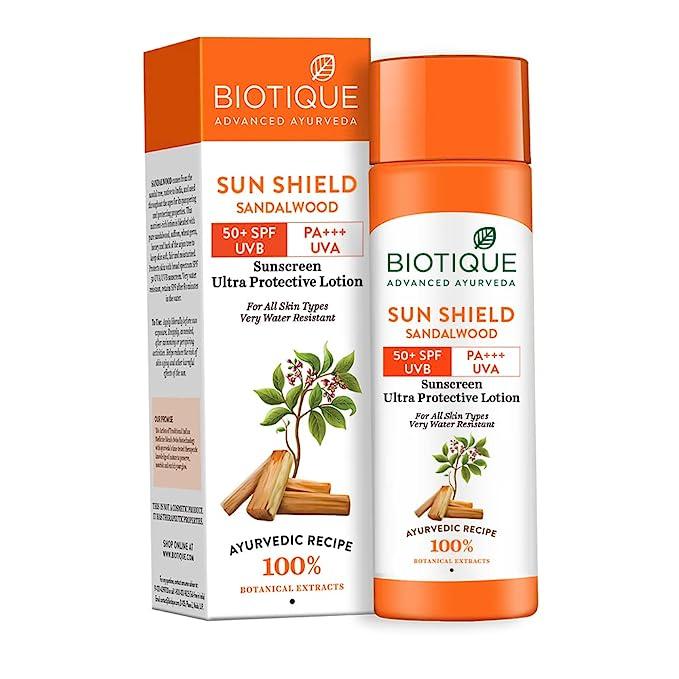 biotique sun shield sandalwood 50+spf uvb sunscreen ultra protective lotion for all skin types, 120ml