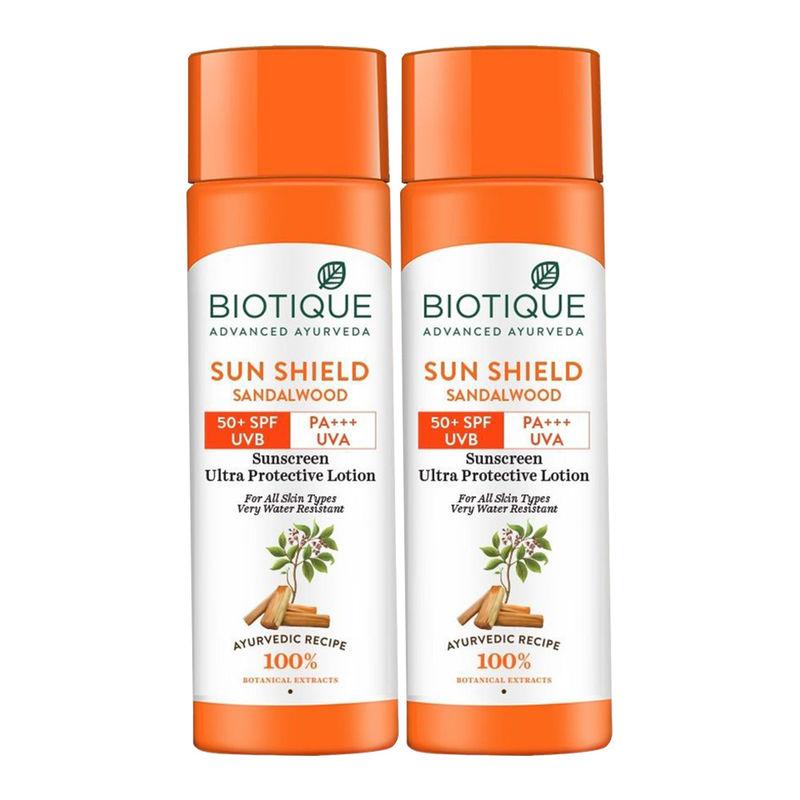 biotique sun shield sandalwood ultra protective lotion 50+ spf sunscreen - pack of 2