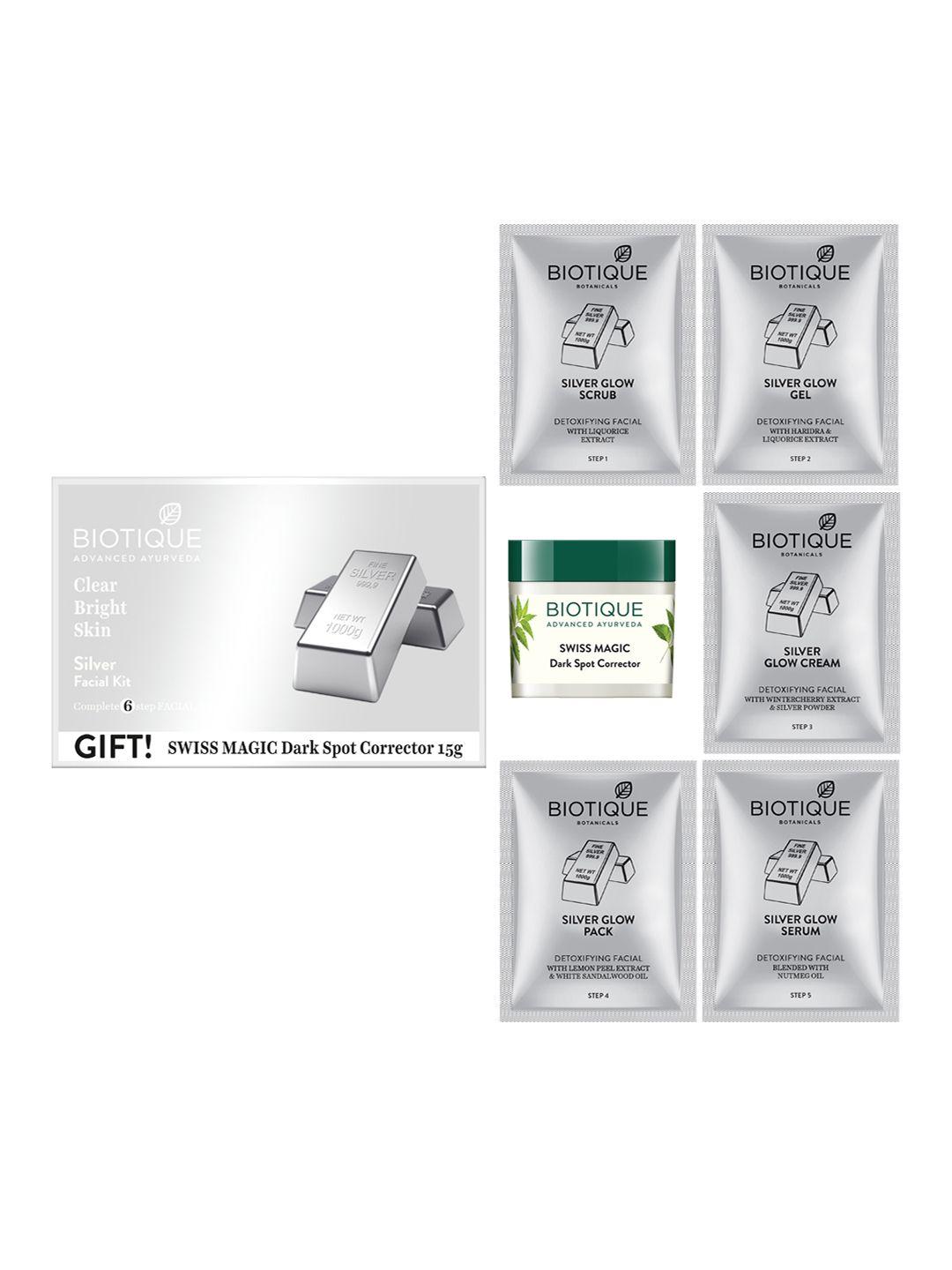 biotique sustainable bio silver facial kit with swiss magic dark spot corrector