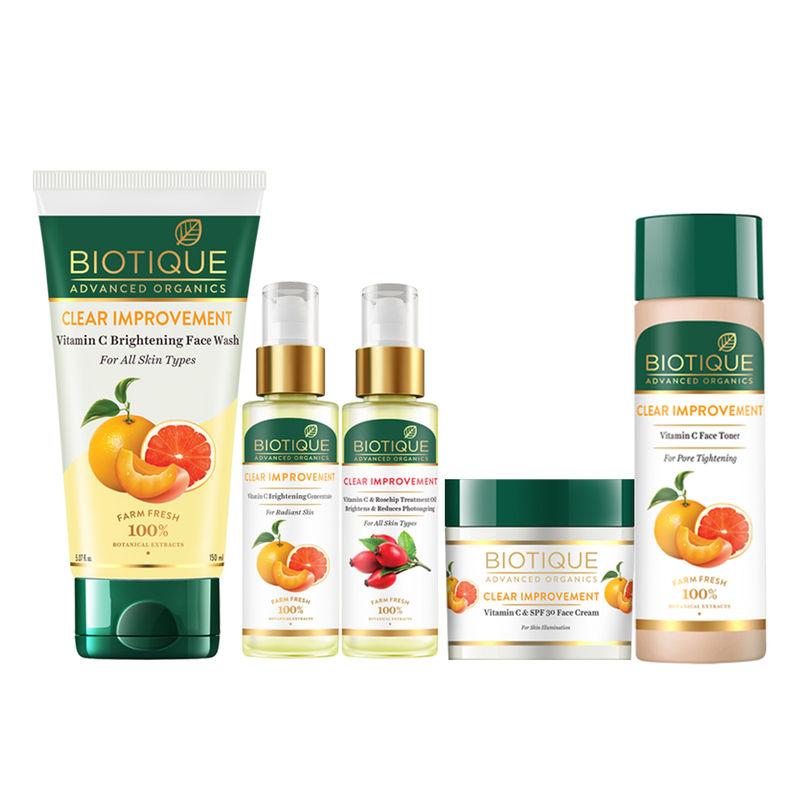 biotique vitamin c essentials combo concentrate toner cream facewash oil