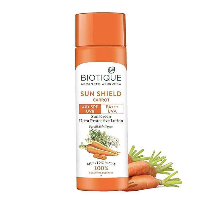 biotique bio carrot face & body sun lotion spf 40 uva/uvb sunscreen for all skin types in the sun, 120ml
