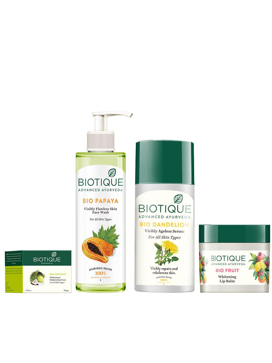 biotique set of brightening cream - papaya face wash- lip balm - dandelion serum