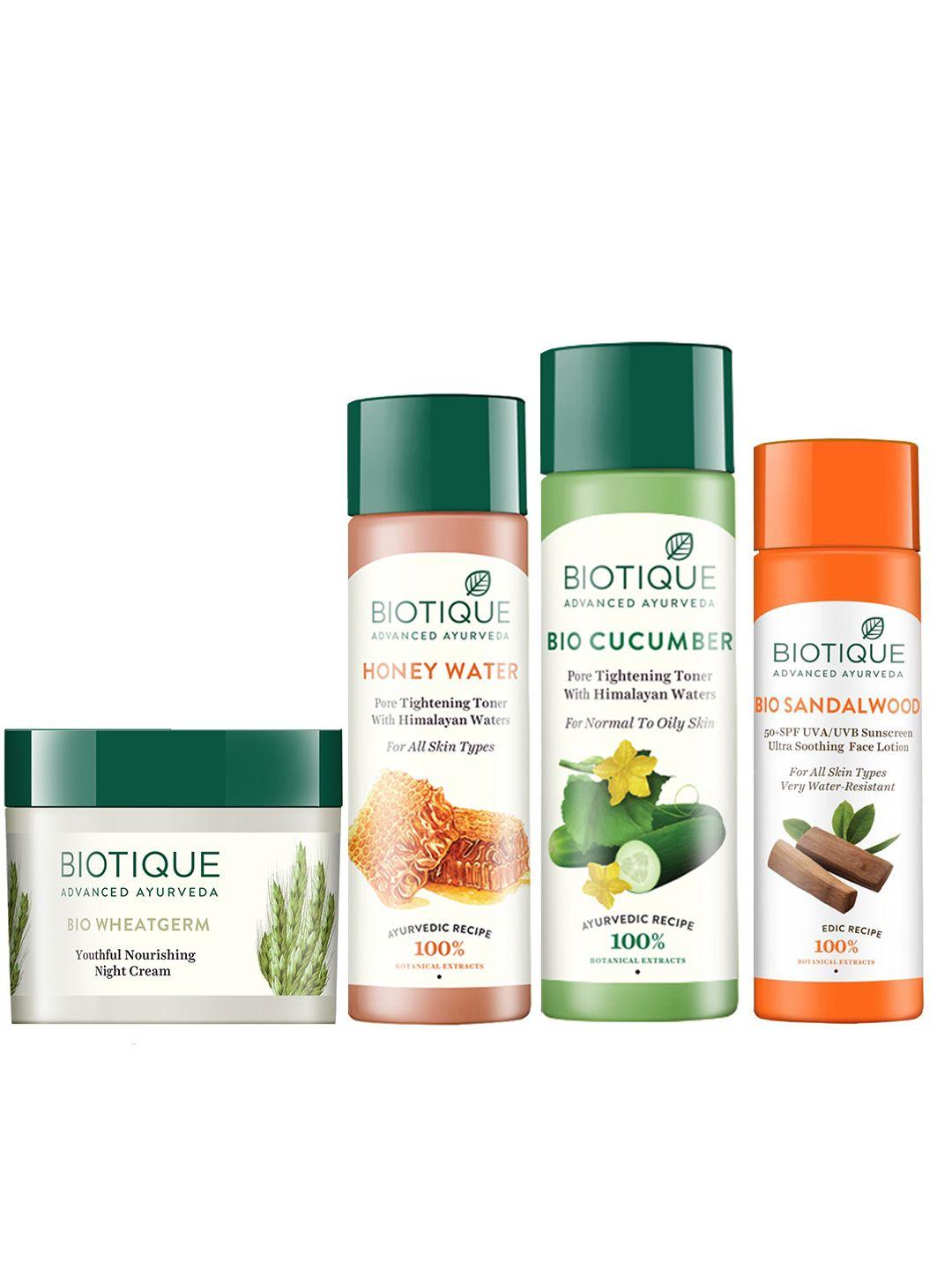 biotique set of honey toner - sunscreen lotion - wheat germ night cream - cucumber toner