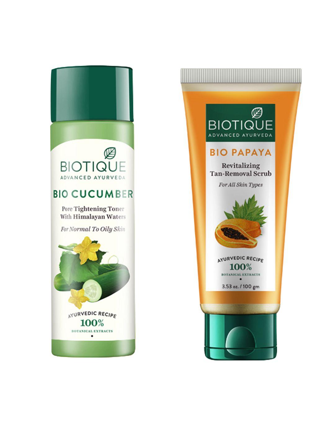 biotique set of sustainable bio cucumber toner & bio papaya tan-removal scrub