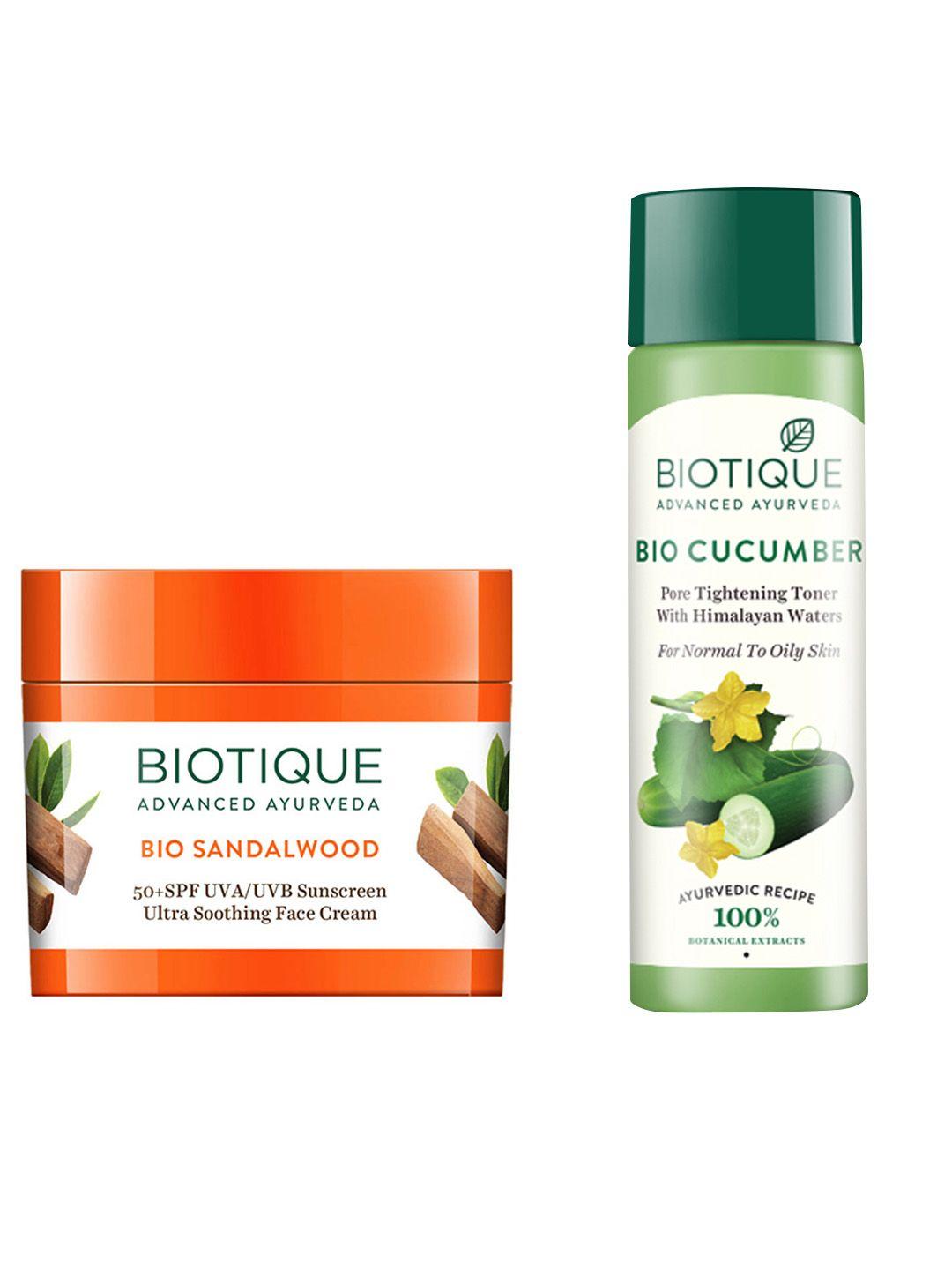 biotique set of sustainable bio cucumber toner & sandalwood 50+ spf uva/uvb sunscreen