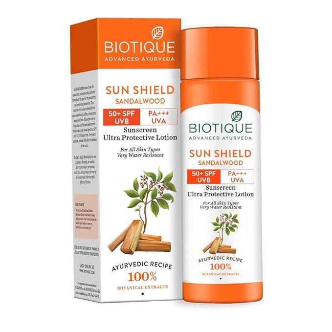 biotique sun shield sandalwood 50+spf uvb sunscreen ultra protective lotion for all skin types, 120ml