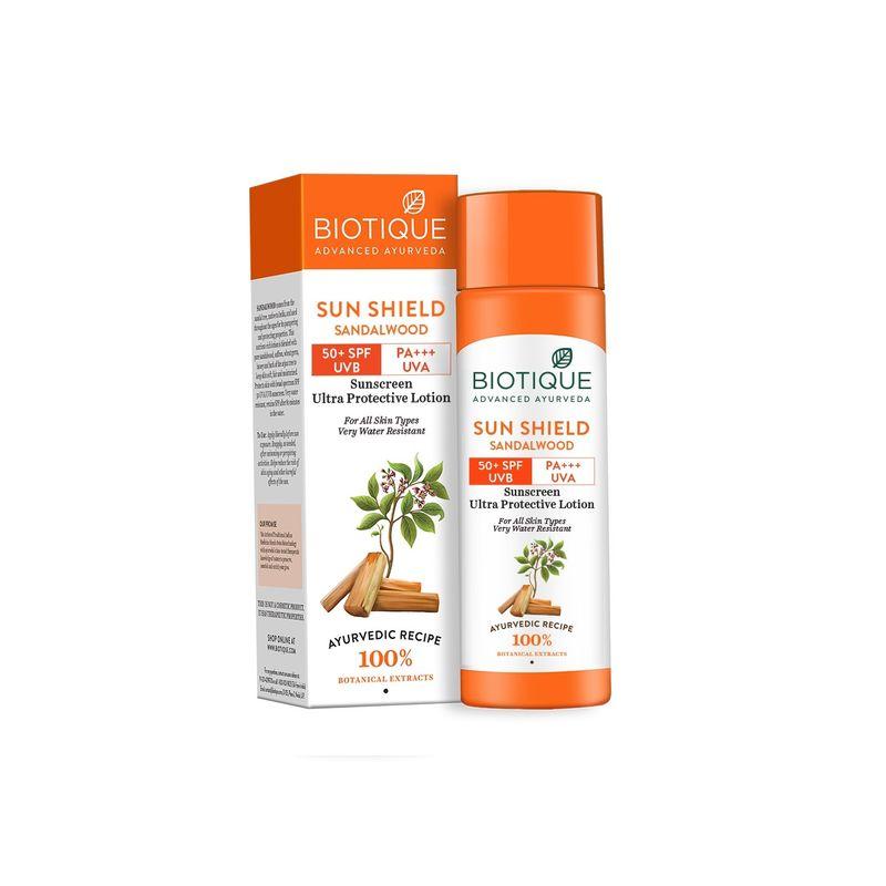 biotique sun shield sandalwood ultra protective lotion 50+ spf sunscreen