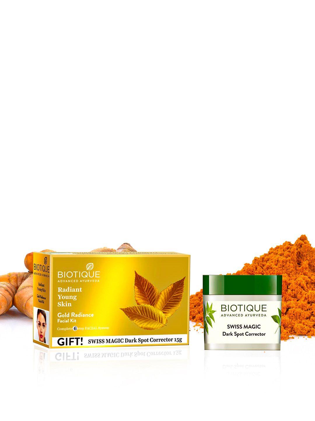 biotique sustainable bio gold radiance facial kit with swiss magic dark spot corrector