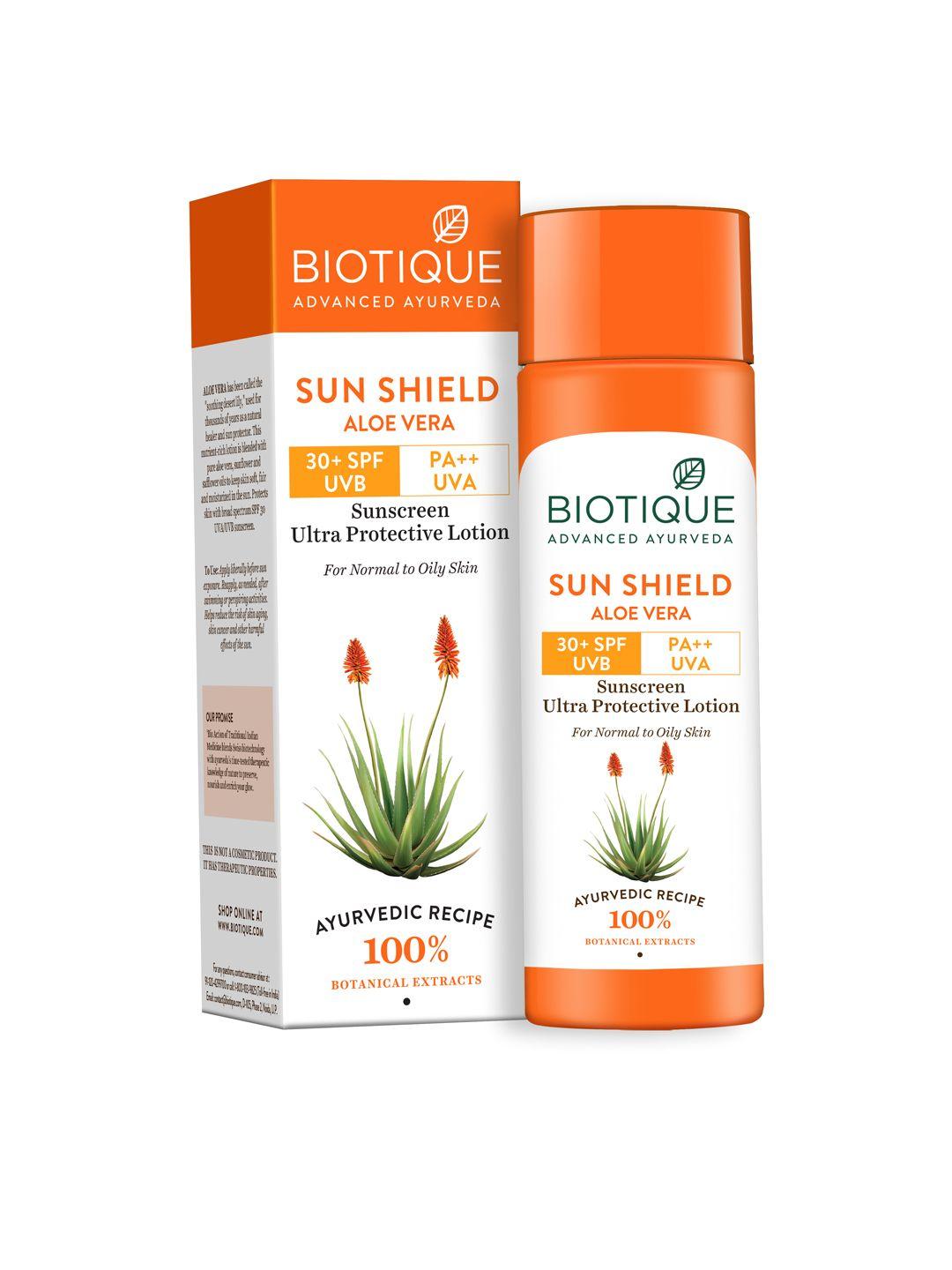 biotique unisex bio aloe vera 30+ spf uva/uvb sunscreen ultra soothing face lotion 120 ml