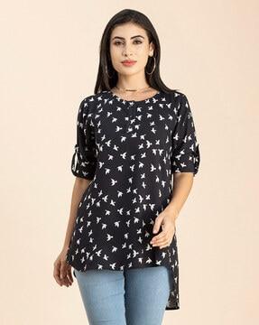 bird print round-neck tunic