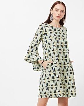 bird print shift dress with flared sleeves