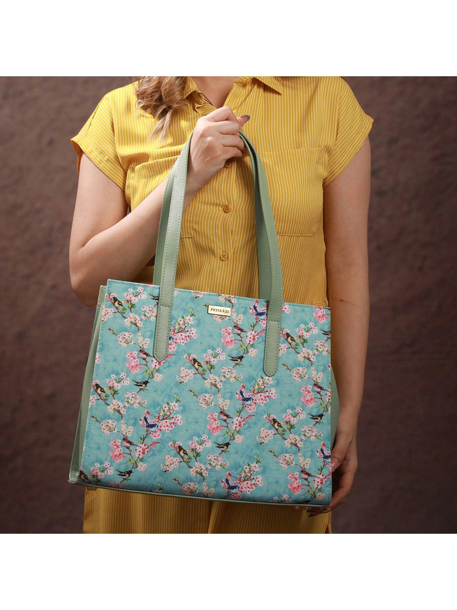 birdy bloom sky blue printed tote bag