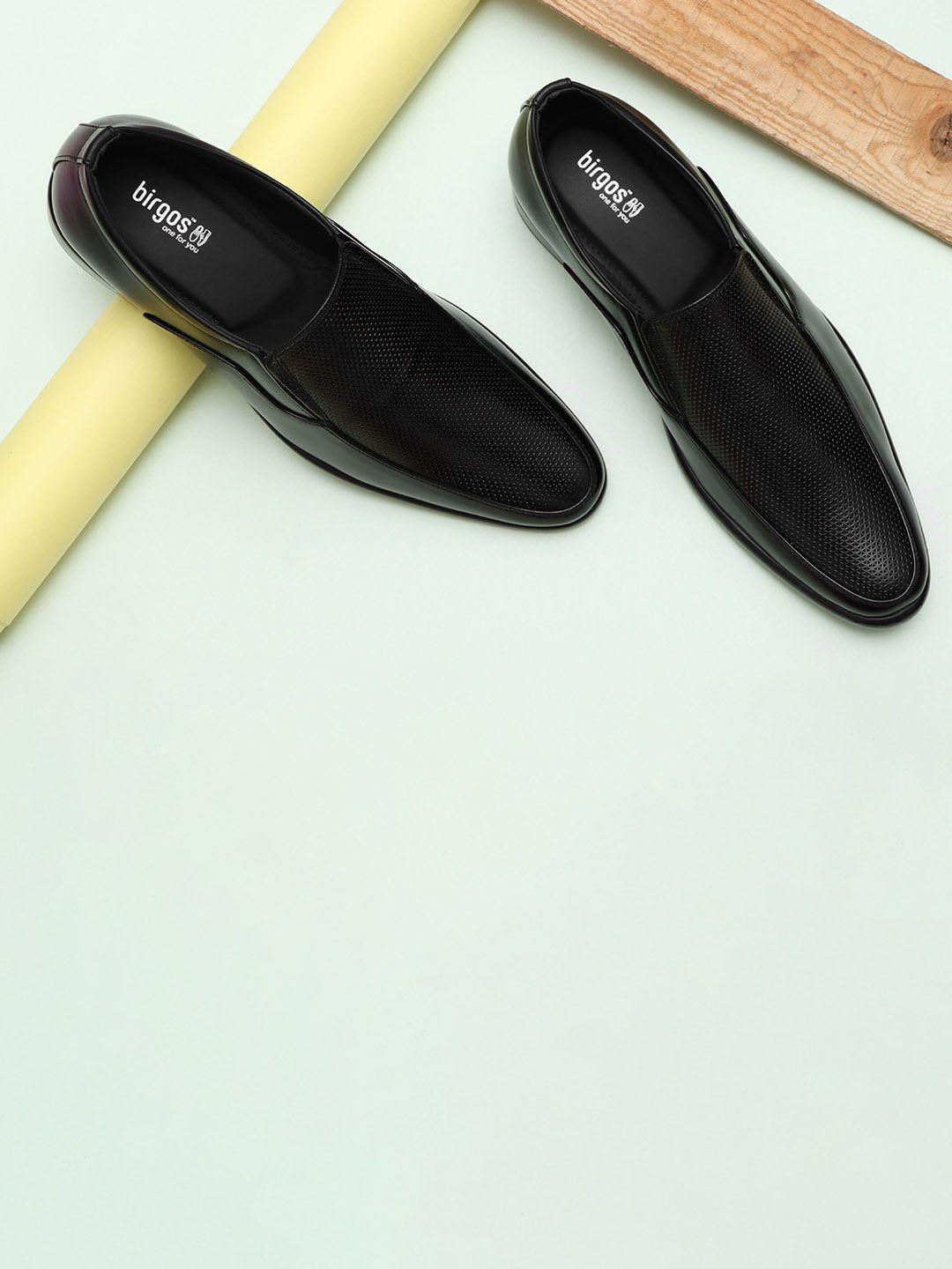 birgos men black textured slip-on formal shoes