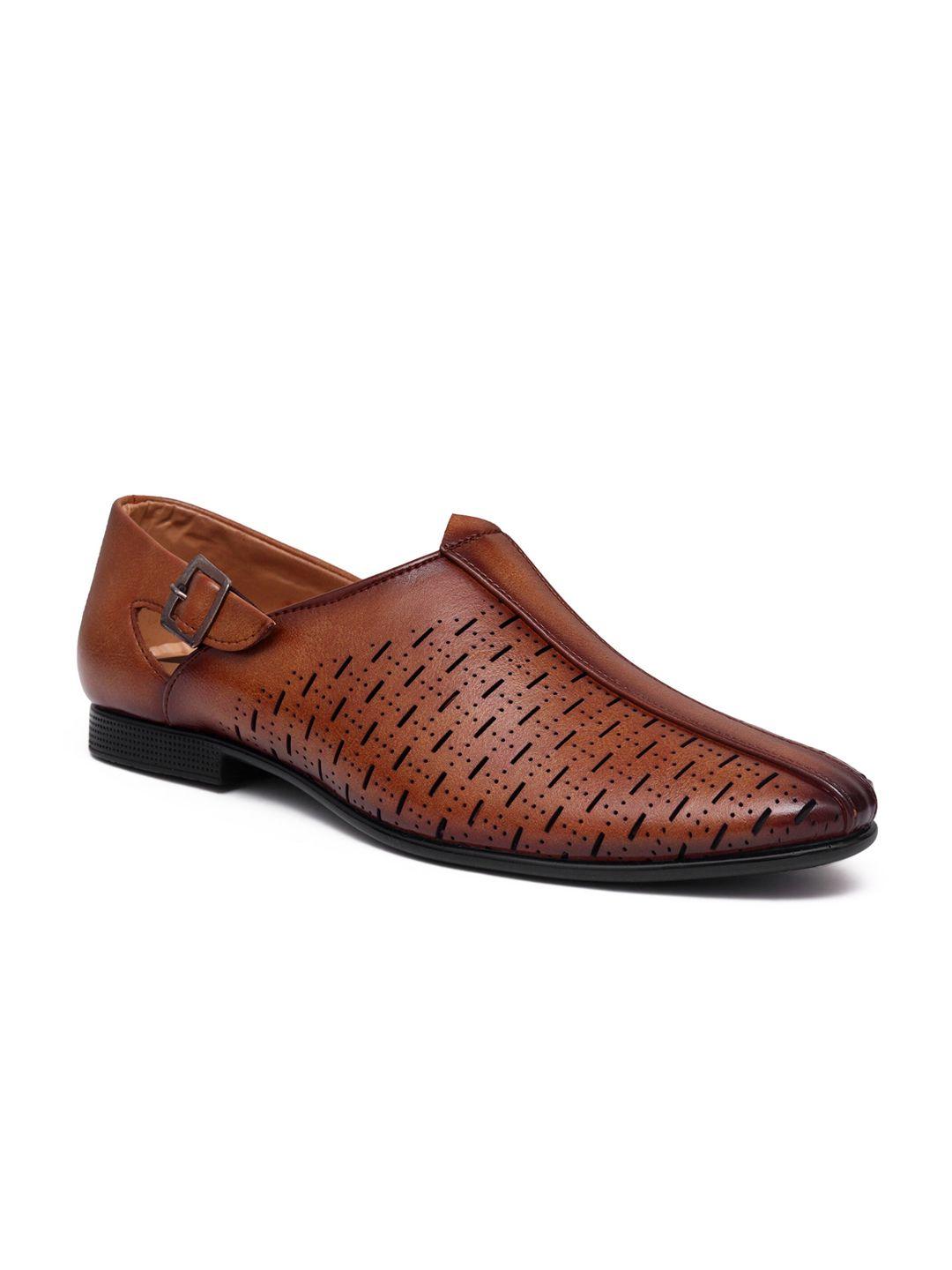 birgos men tan brown textured synthetic leather formal slip-on shoes