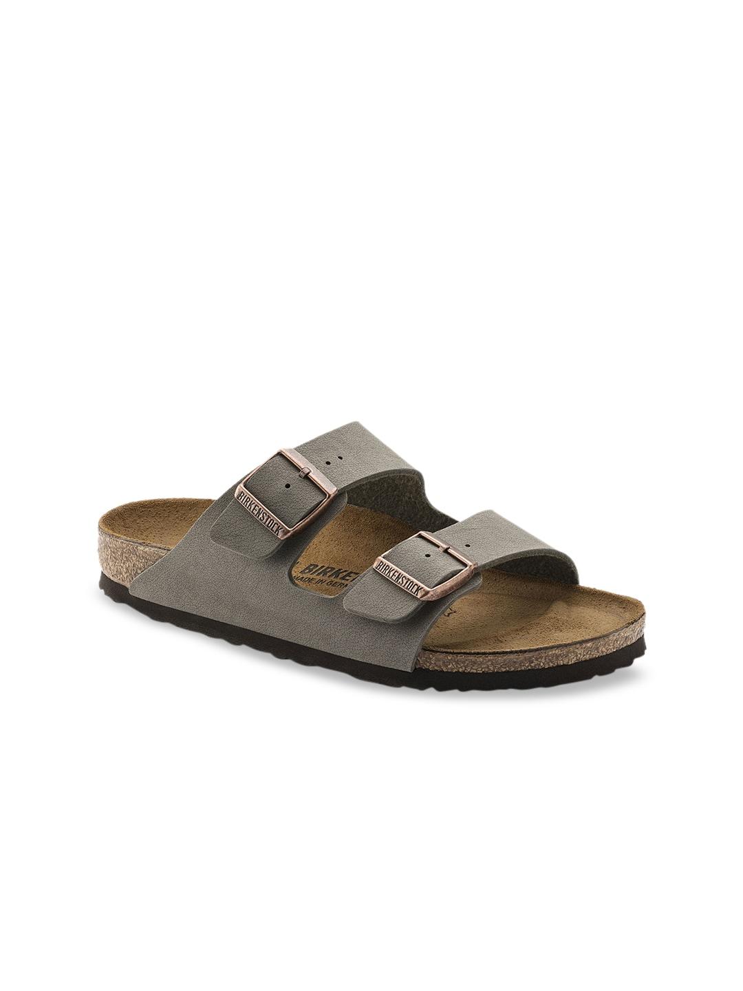 birkenstock unisex grey & brown arizona birko-flor nubuck comfort narrow width sandals