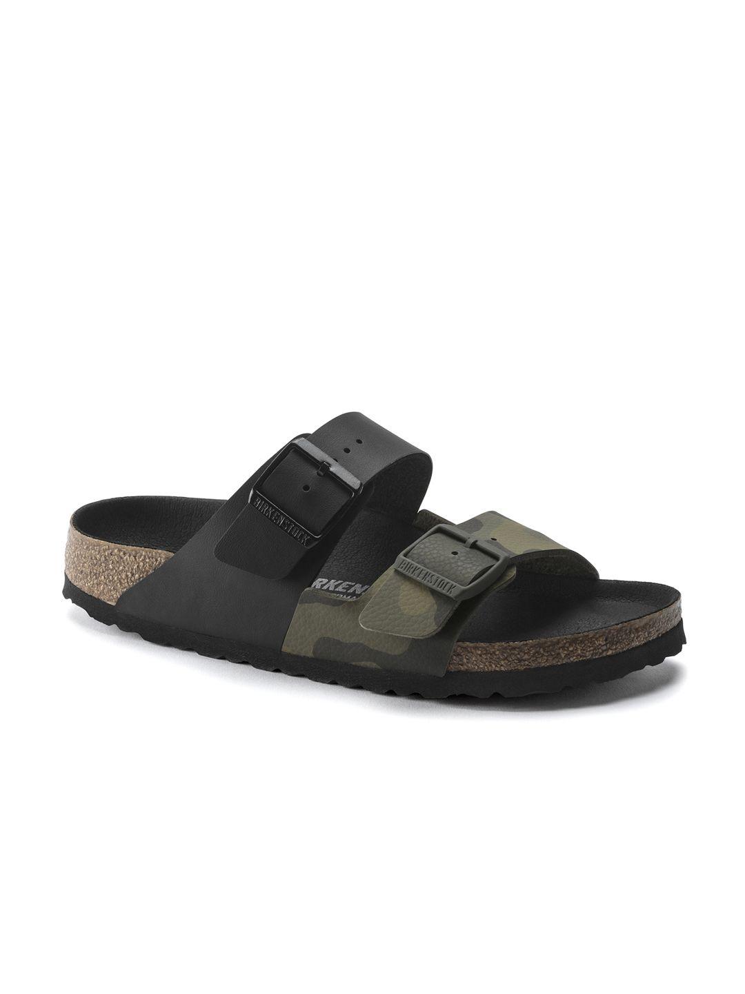 birkenstock adult black & olive green regular width arizona split camo sliders