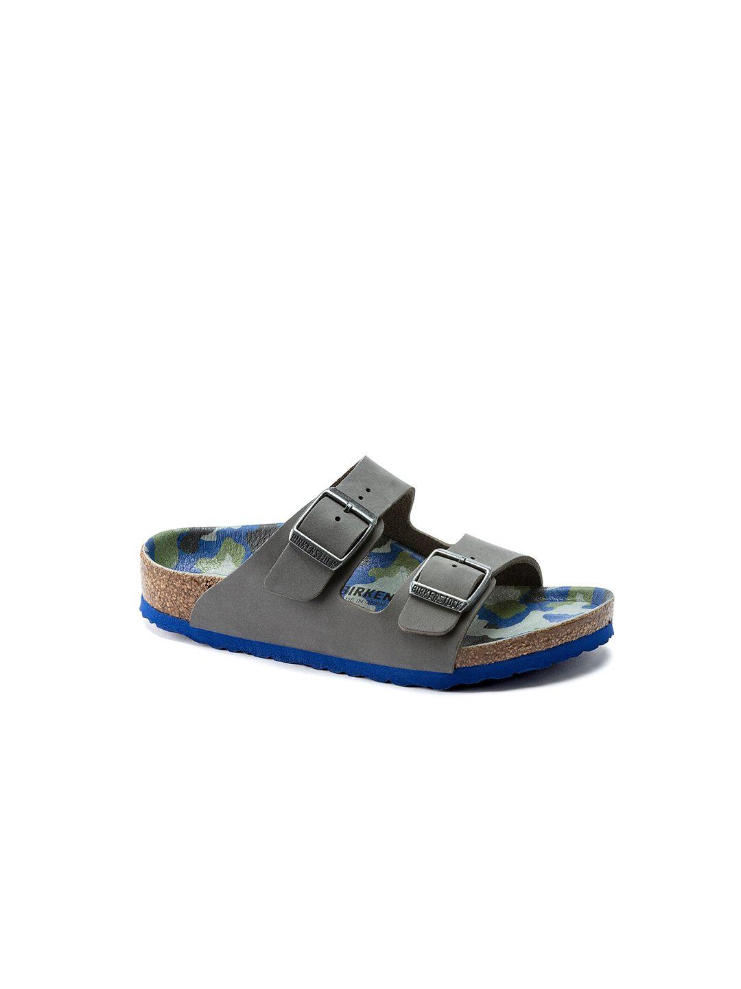 birkenstock boys grey & blue narrow width arizona leather comfort sandals