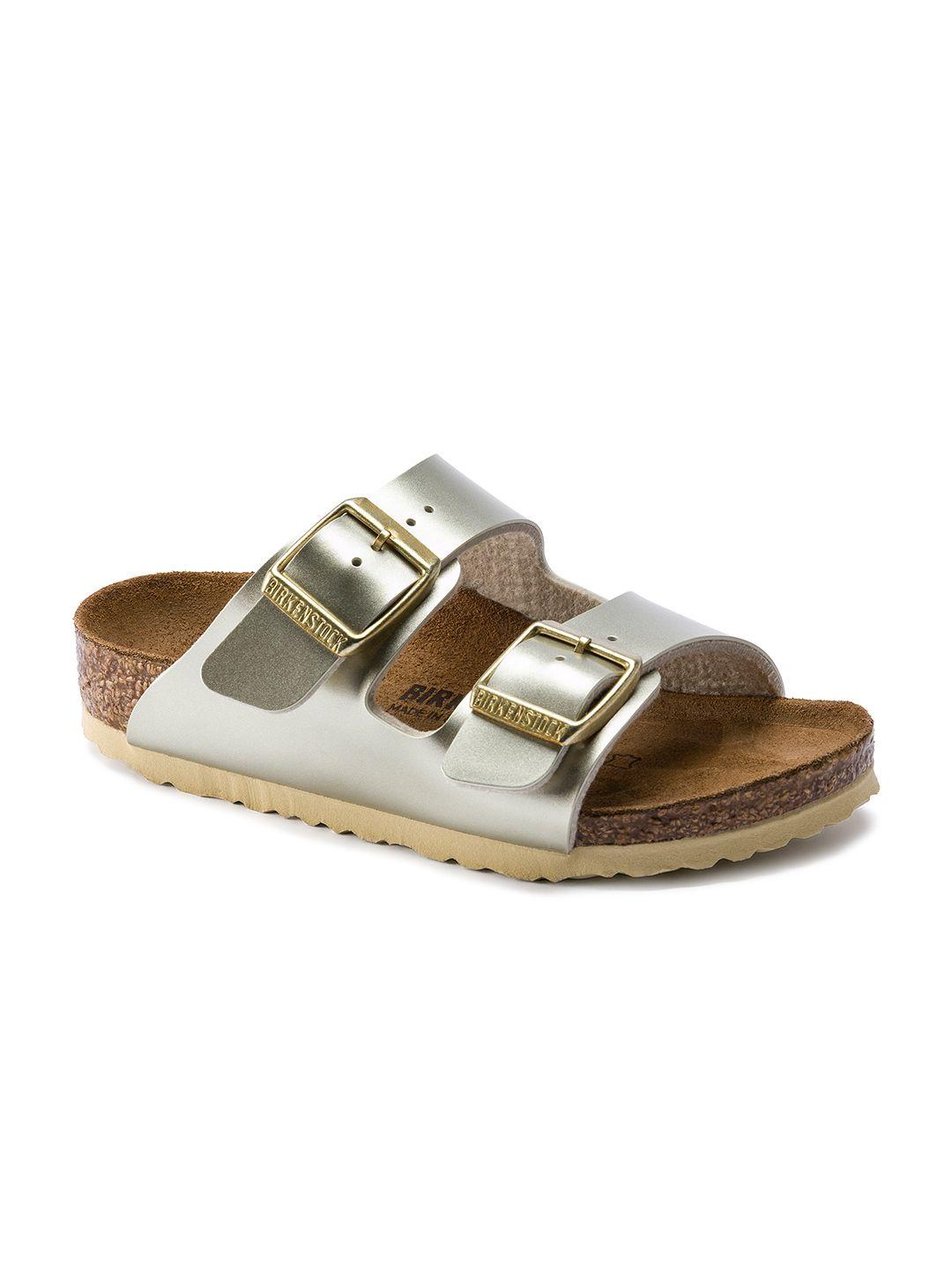 birkenstock girls gold-toned solid arizona birko-flor open toe narrow width flats