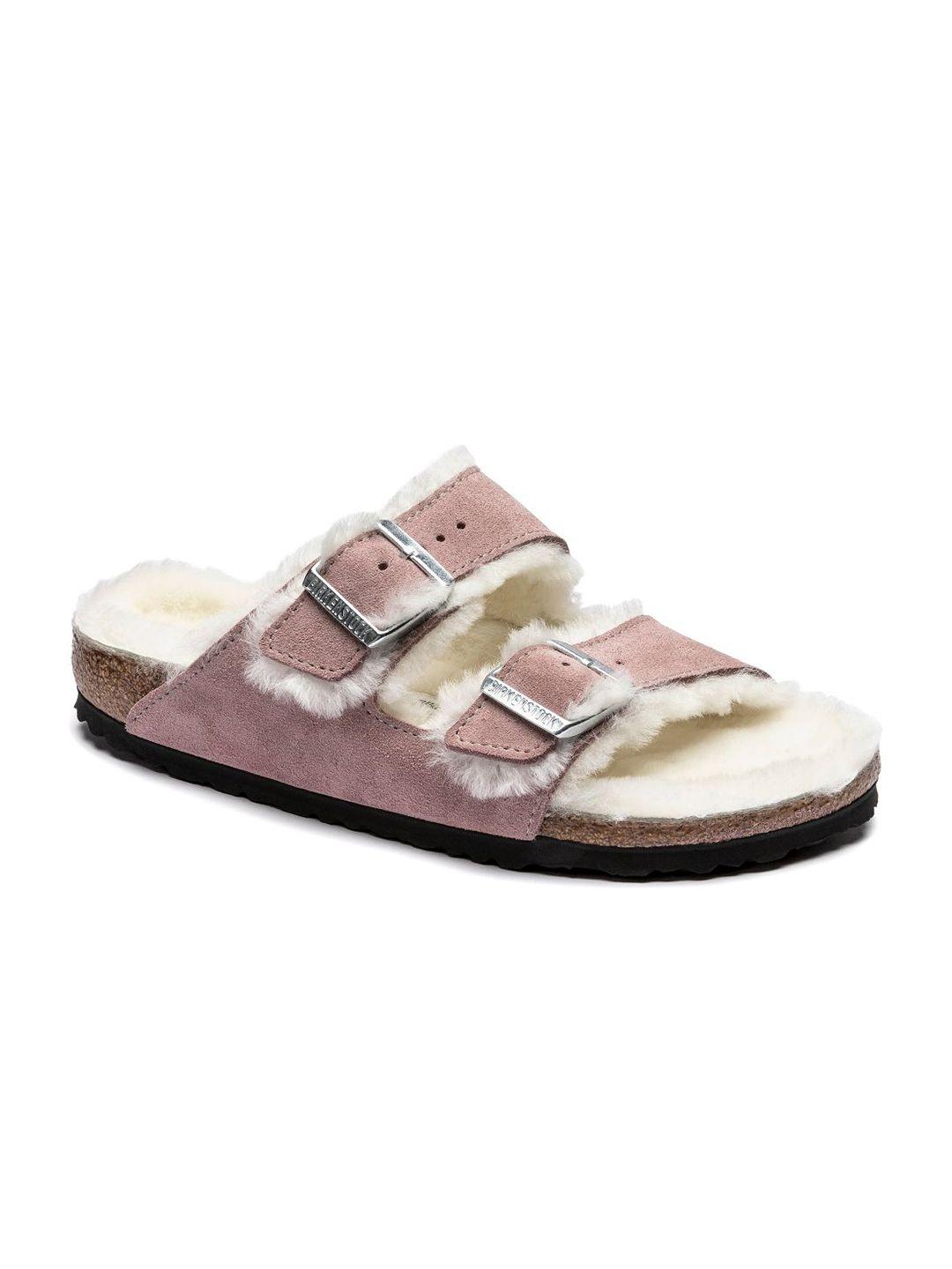 birkenstock women arizona shearling grey narrow slide sandals