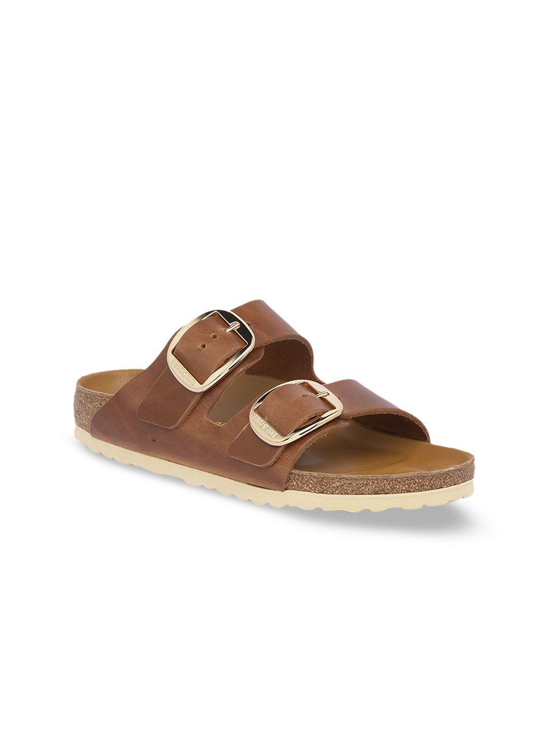 birkenstock women brown solid arizona big buckle oiled leather open toe narrow width flats