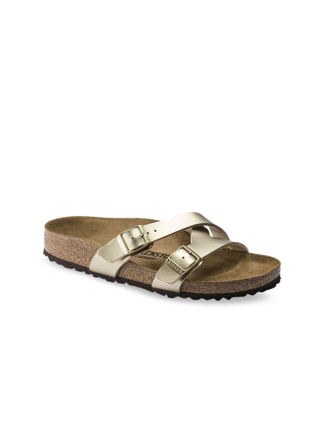 birkenstock women gold-toned yao birko-flor solid open toe narrow width flats