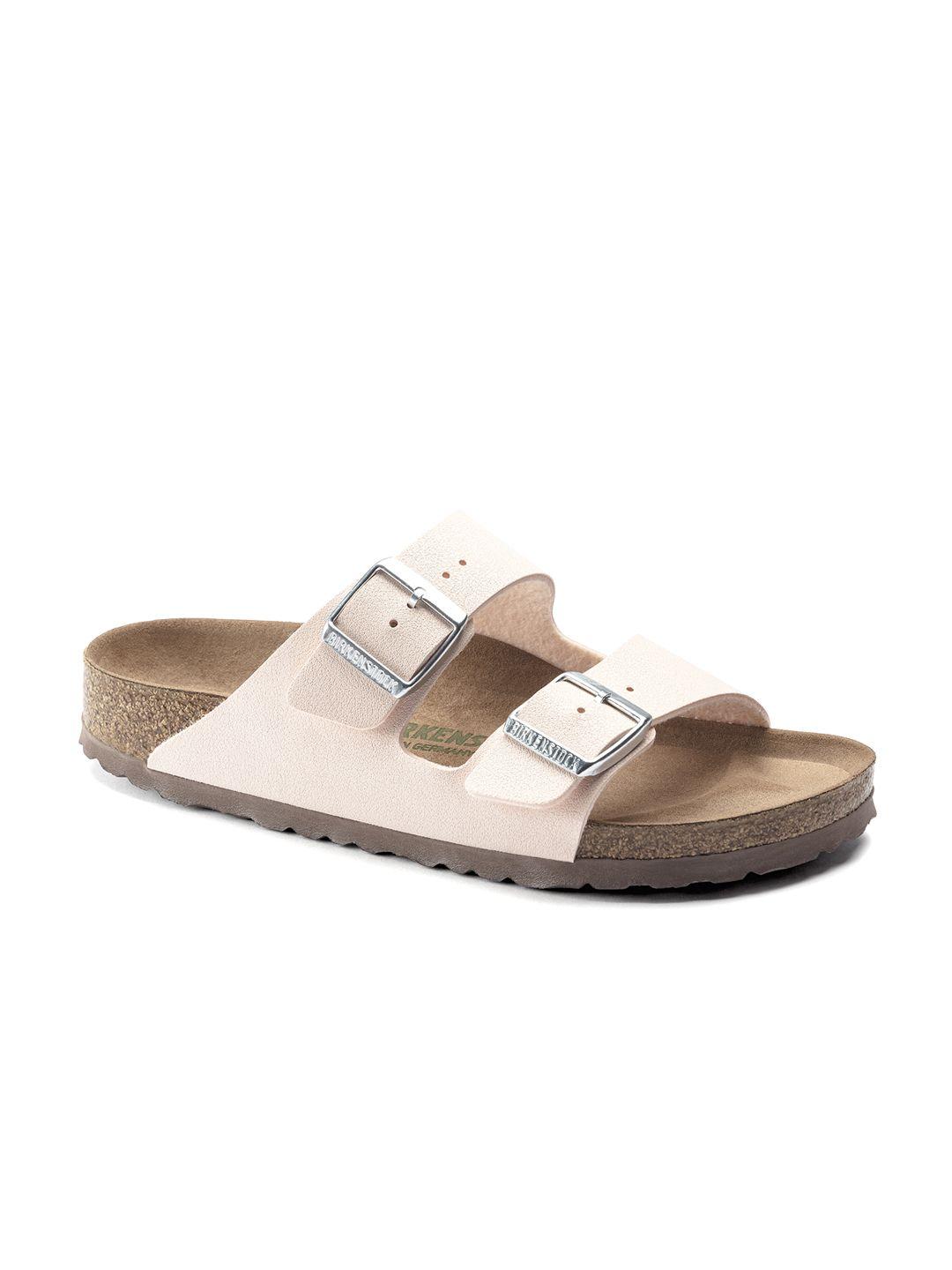 birkenstock women pink & brown arizona big buckle sliders