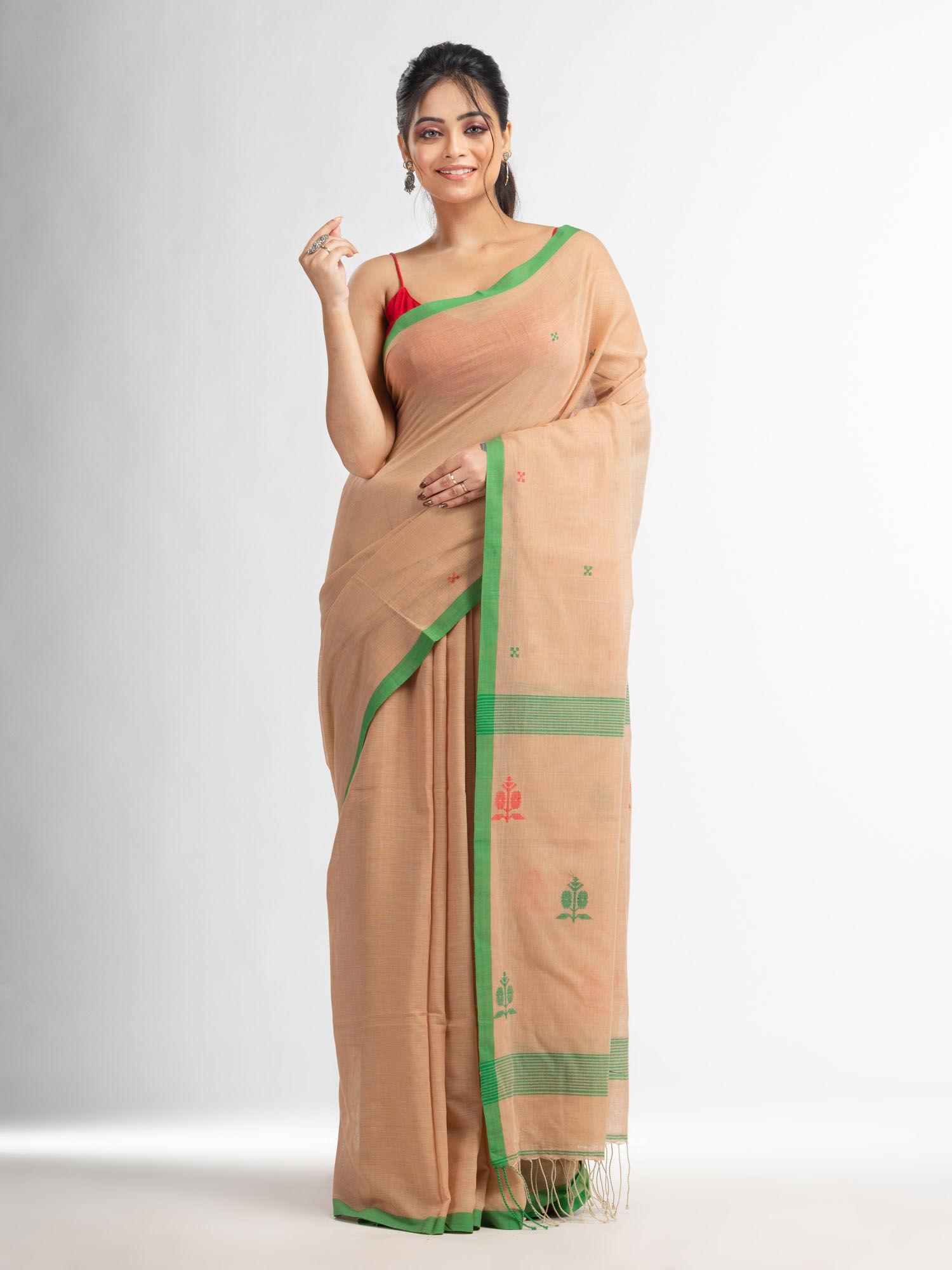 biscuit brown all body buti with buti in green border saree with unstitched blouse