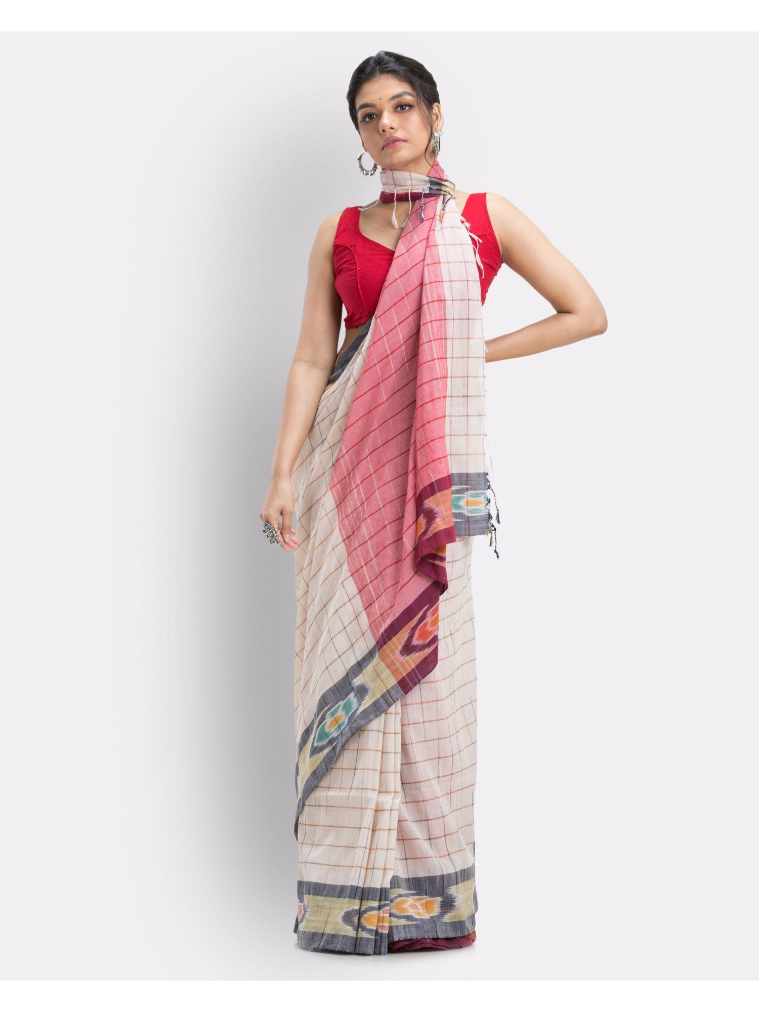 biscuit handloom bengal cotton saree with unstitched