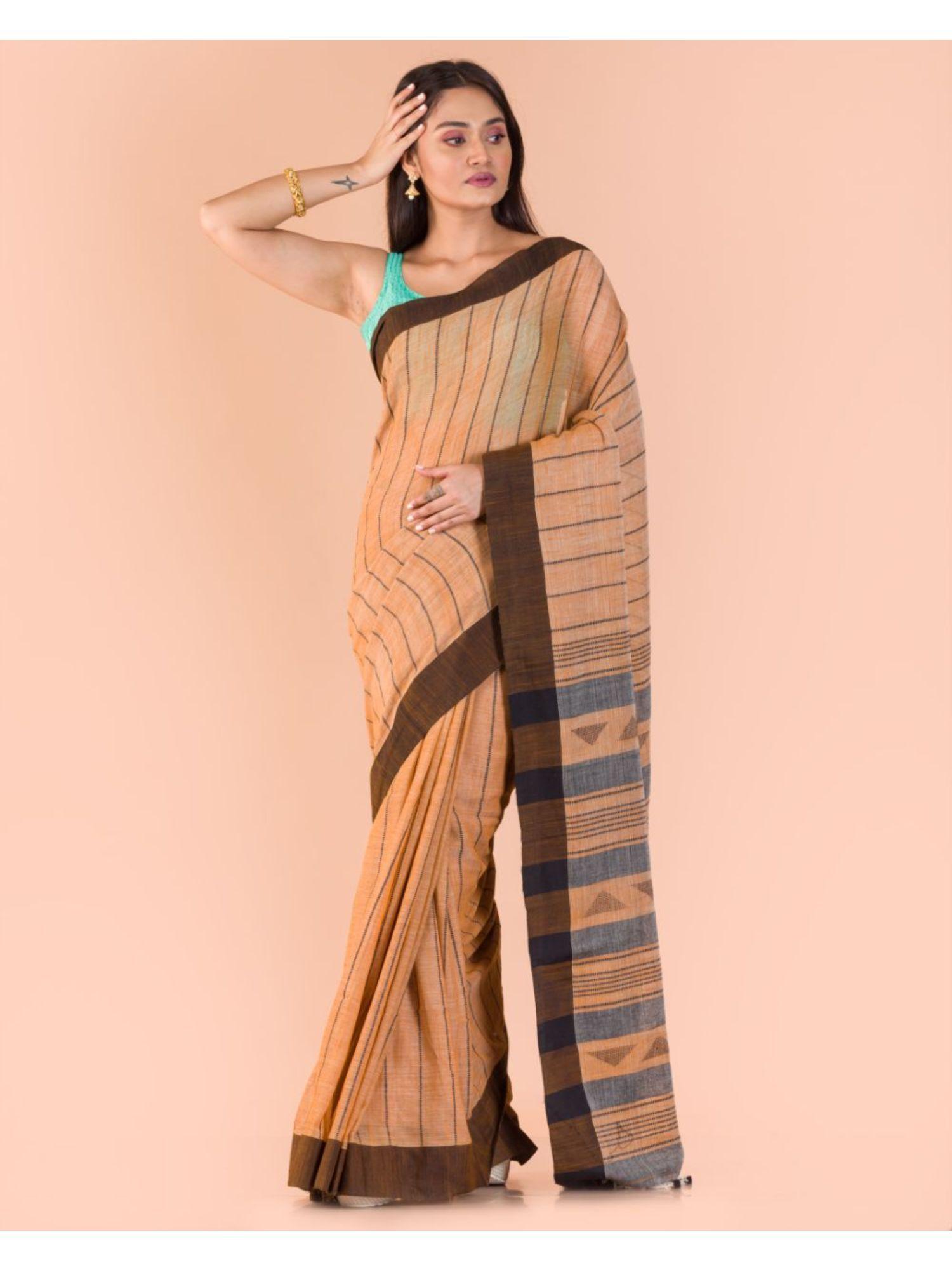 biscuit handloom cotton saree with unstitched blouse