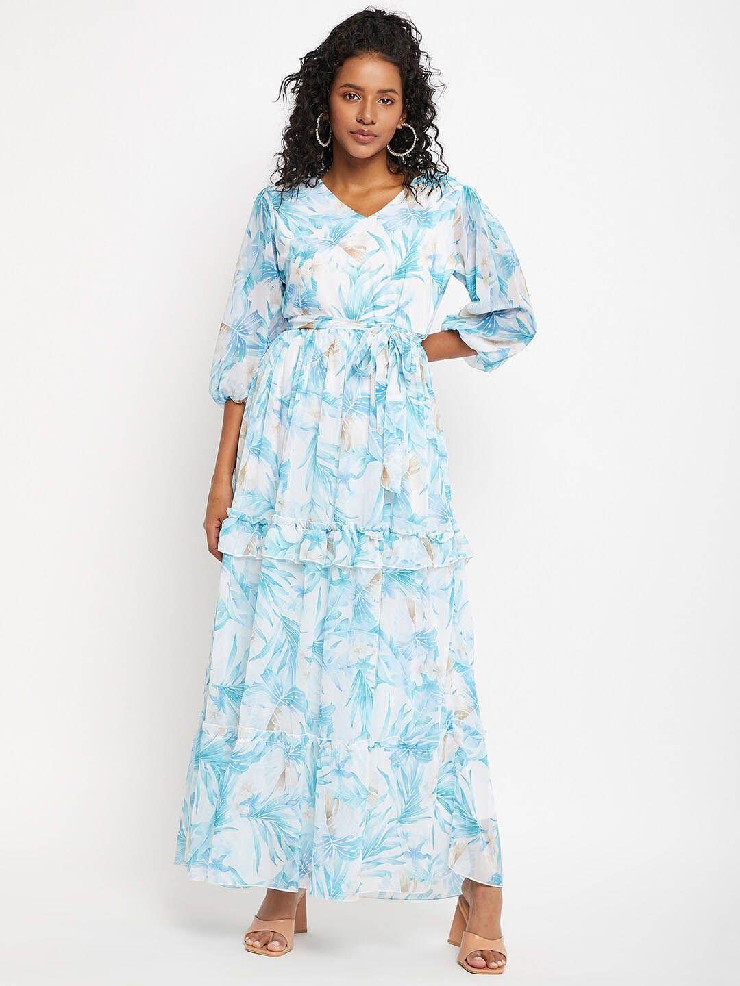 bitterlime floral printed puffed sleeves tie-ups georgette fit and flare maxi dress